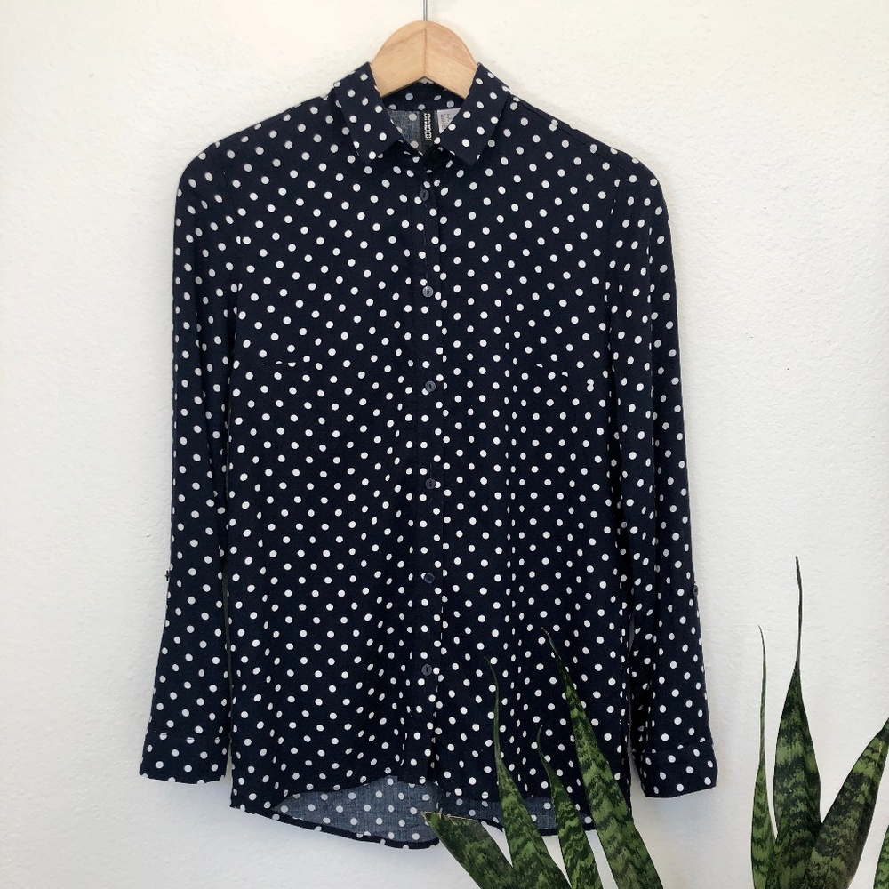 H&M Divided Long Sleeve Polka Dot Button Down Shirt in Navy Blue Size 2